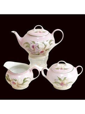 Vintage Z.S. & Co Bavaria Pink Floral Teapot Sugar Bowl Creamer Set Gold Trim